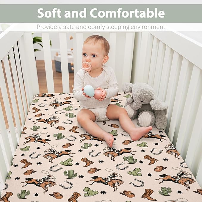 Retro Western Cowboy Baby Crib Sheets for Boy Girl 52x28Inch Cowboy Boots Hat Horse Cactus Soft Snug Fitted Crib Mattress Cover Wild West Desert Baby Sheet for Standard Crib & Toddler Mattress Pad