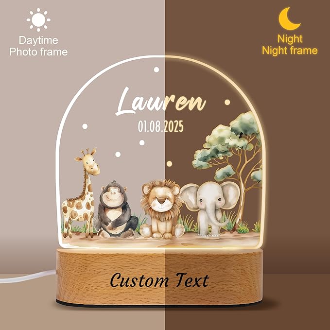 IOUMAM Personalized Baby Gifts Animal Name Night Light for Kids, Custom LED Acrylic Plaque, Baby Shower Christmas Newborn Gifts for Boys Girls, Safari Jungle Animals Nursery Room Decor for Children