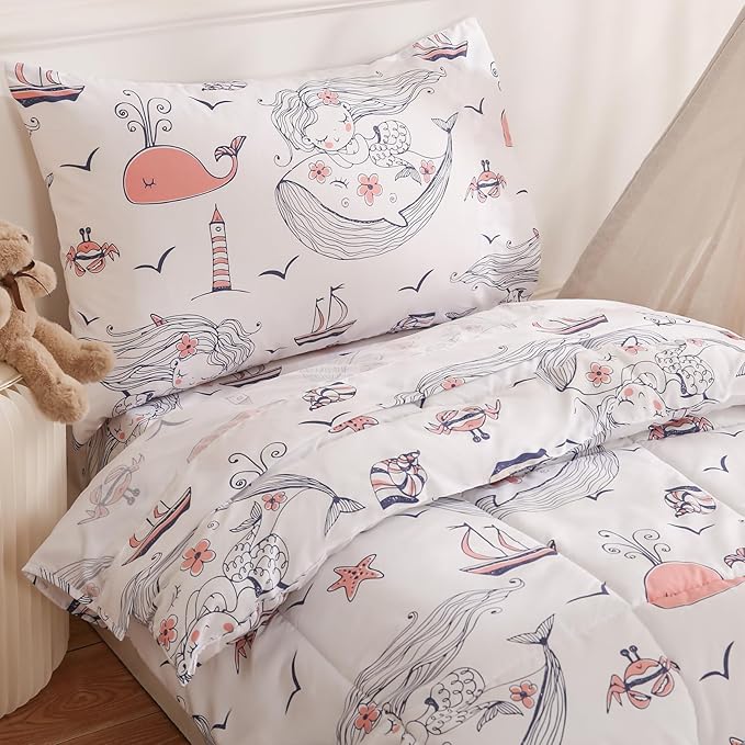 JSD Mermaid Toddler Bedding Set, 4 Piece Ocean Theme Bed-in-a-Bag Toddler Comforter Sheet Set, Machine Washable