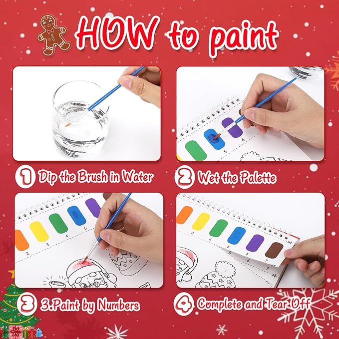 Paint with Water Coloring Books for Toddlers, Watercolor Painting Book and Drawing Art Paper for Kids Ages 3 4 5 6 7 8 Years Old, Christmas Art Craft for Drawing with Brush