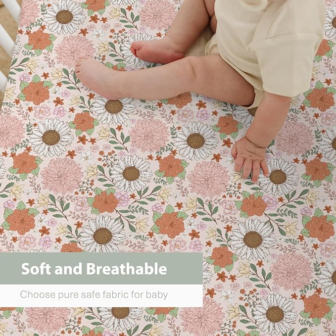 Boho Floral Print Baby Crib Sheets for Boy Girl 52x28Inch Neutral Flowers Soft Stnug Fitted Crib Mattress Cover Wildflower Garden Spring Summer Nursery Baby Sheet for Crib and Toddler Bed Mattresses