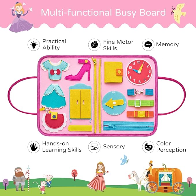 Freebear Deluxe Pink Princess Quiet Book Sensory Board for Toddlers 1-4, Montessori Educational Toys for Girls, Travel Toys with Activities