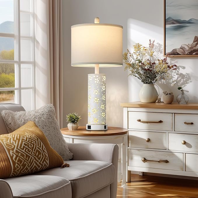 Cinkeda Set of 2 Rustic Table Lamps for Living Room Bedroom, Vintage Farmhouse Nightstand Lamp with 2 USB Ports, Hollow Out Metel Lamp for End Table with Nightlight (Retro White)