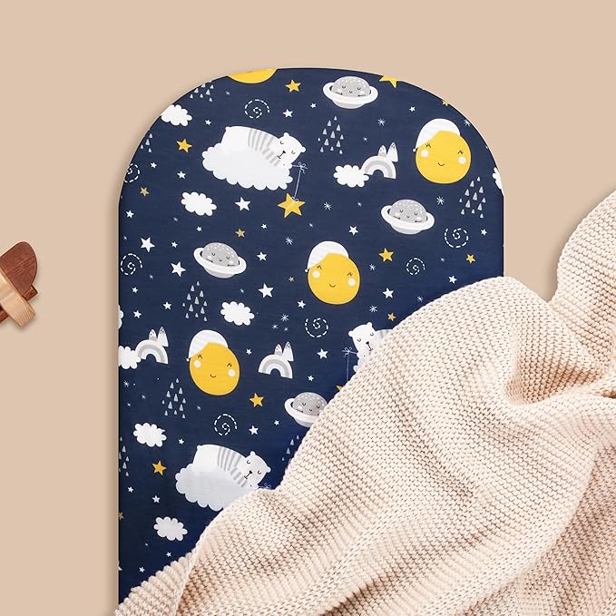 TILLYOU Baby Bassinet Sheets for Girls Boys, Fit for Hourglass Oval Rectangle Bassinet Mattress Sheets, 33”X16”, 2 Pack Adventure and Dark Blue