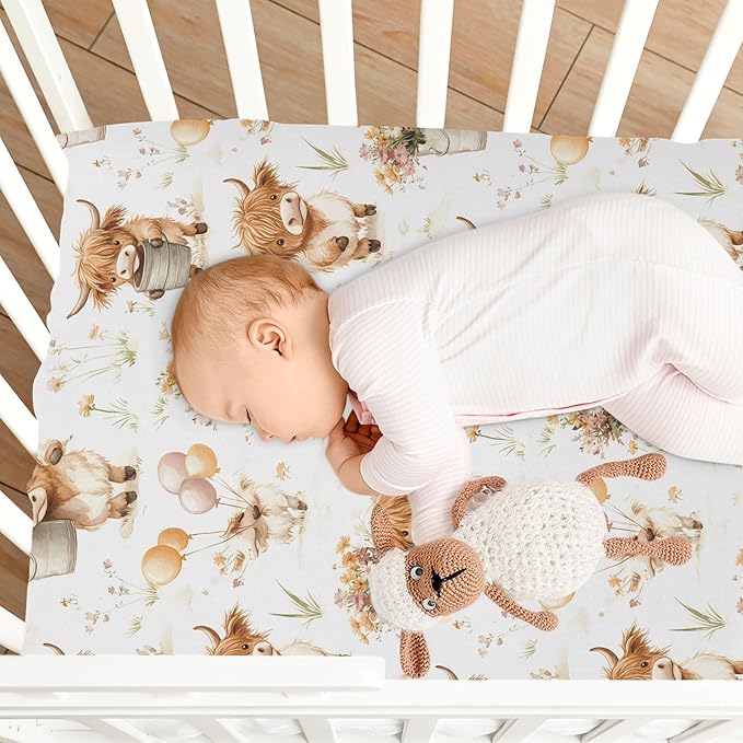 Baby Crib Sheets Fitted Crib Sheet Standard Crib and Toddler Mattress for Boys Girls 39 * 27in Pink Starfish Shell Pattern (Highland Cows Flower Ball Pattern, Medium)