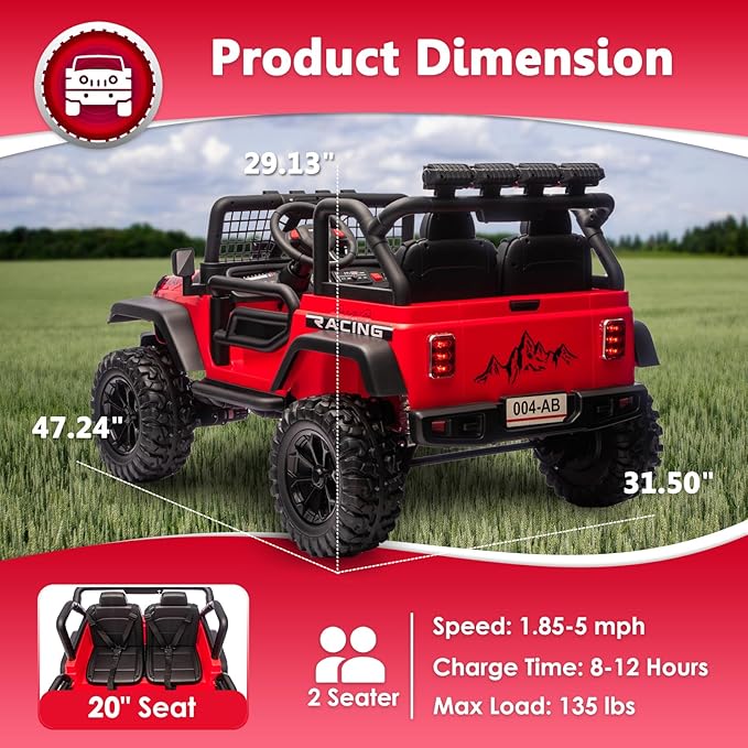 Sopbost 24V 7Ah 2 Seater Ride On Truck Ride On Toy for Big Kids Ride On Car with Remote Control Off-Road Electric Car with Shock Absorber, LED Lights, Bluetooth Music Player, EVA Tires, Red