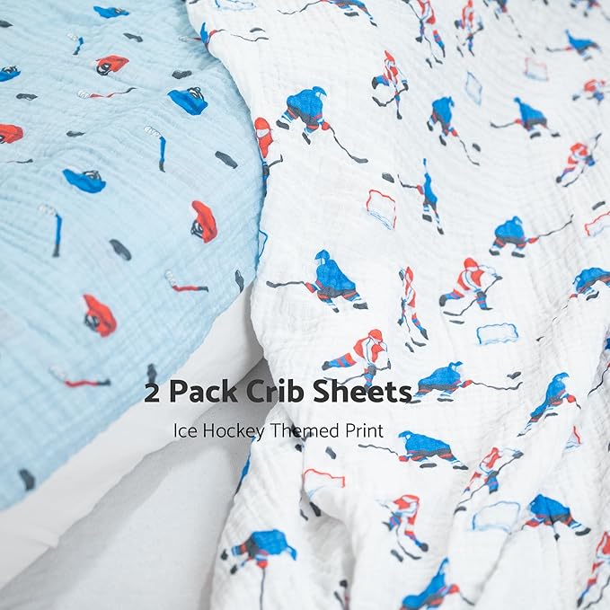 LollyBanks Muslin Crib Sheets 2 Pack, 100% Cotton Soft and Breathable Crib Fitted Sheet for Standard 52"x28" Mattress, Cozy and Snug Baby Bed Sheets, Baby Boy Essentials (Ice Hockey and Hat Print)