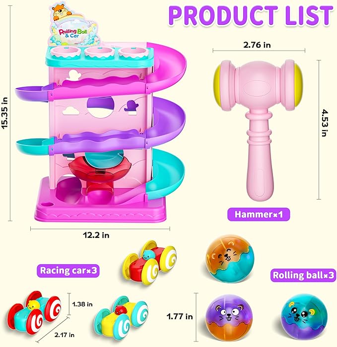 Funwee 2-in-1 Rolling Ball & Racing Car Ramp Toy for Toddlers, Race Track Hammer Lights Ball Drop, Interactive Montessori Learning Game Birthday Gift Idea for Kids 2 3 4 5+Year Old Girl Boy(Pink)