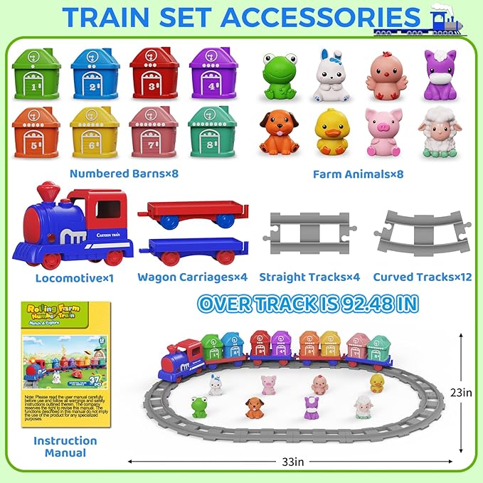 Learning Toys for Toddlers 1 2 3 Year Old,Electric Farm Train Set for Girls 2-4,Counting Matching & Sorting Montessori Train Toy with Farm Animals, Music, Light, Christmas Birthday Gift Baby (blue)