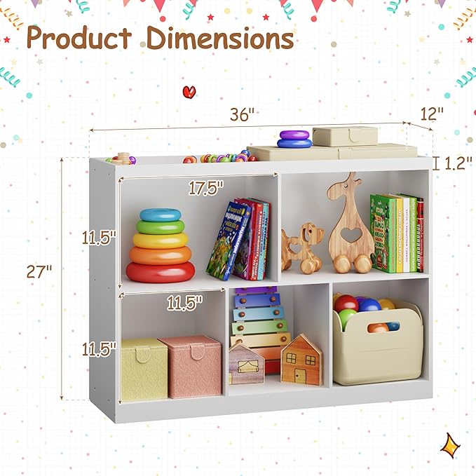 BRINJOY Toy Storage Organizer, 5-Section Kids Bookcase with Raised Edge, Children's Toy Shelf Cabinet for Playroom Bedroom Daycare Nursery School, Montessori Bookshelf for Boys & Girls (2-Tiers)