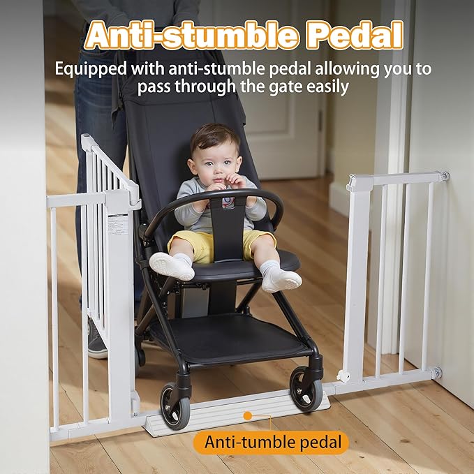 Mumeasy 29.6-46" Baby Gate for Stairs, Pressure Mounted Dog Gate for Doorways, Auto Close Pet Gate for Indoor Use, Extra Wide Child Gate with Walk Thru Door White, Mom's Choice Awards Winner