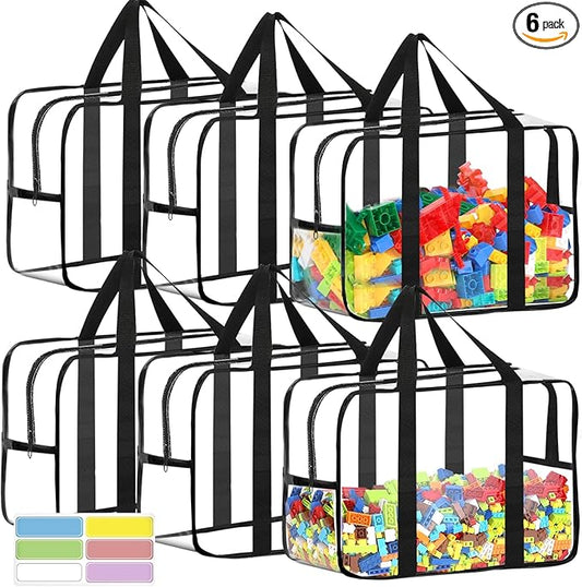 6 Packs XXL Toy Storage Bags 16.5×11.8×6.8In with Labels, Large Capacity Reusable Clear PVC Board Game Storage, Travel Waterproof Organizer Bags with Zipper