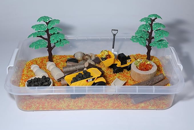 Construction Sensory Bin Kit for Kids – Taste-Safe Rice, Realistic Rocks & Logs, Durable Wooden Tools & Vehicles – Includes Storage Bin – Montessori-Inspired Sensory Play