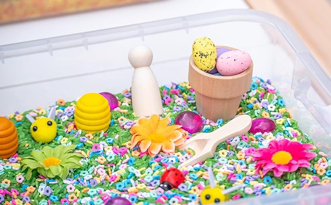 Spring Flower Sensory Bin Kit for Kids – Green Rice, Felt Bees, Wooden Eggs & Ladybugs, Floral Accessories & Wooden Tools – Includes Clear Storage Bin
