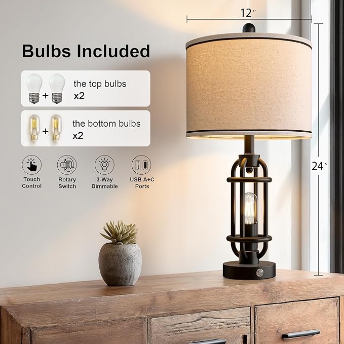 G-SAFAVA 24'' Table Lamps for Living Room Bedroom Set of 2 Industrial Touch Lamp with USB A+C Ports, Night Light Farmhouse Vintage Nightstand Bedside Lamps for Night Stands Metal Black, Bulbs Included