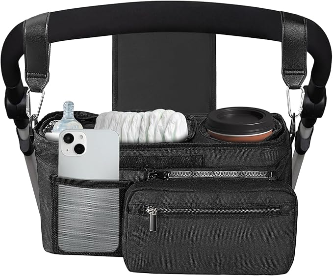 Bjabtan Universal Stroller Organizer with Insulated Cup Holder, Stroller Caddy with Detachable Bag & Shoulder Strap, Stroller Attachment Non-Slip Secure Hooks Accessories Fits Most Strollers