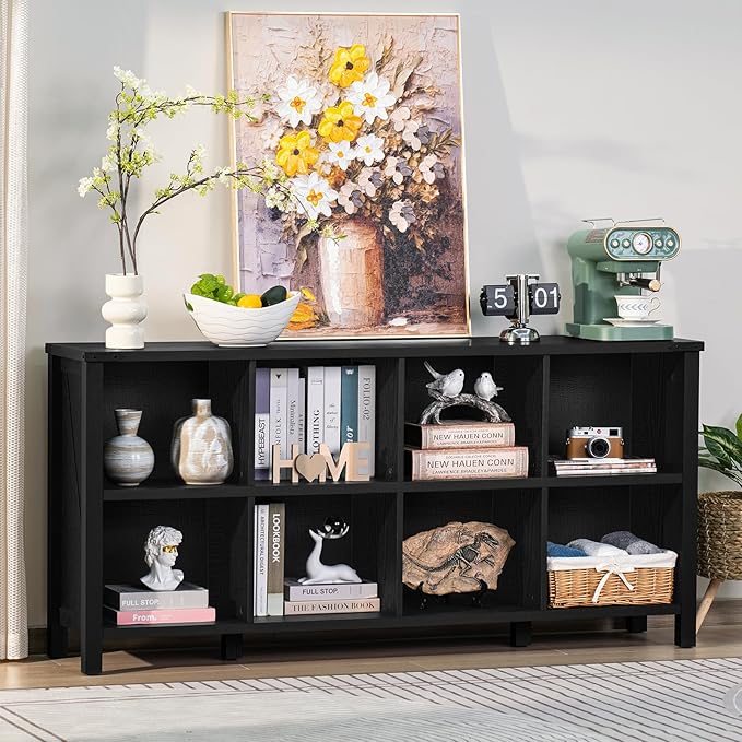 Joaxswe 8 Cube Book Shelf, Farmhouse Wood Long Storage Organizer Bookcase, 62" Horizontal Black Console Closet Bookshelf, Hallway TV Stand for Entryway, Display Cabinet Book Case for Living Room