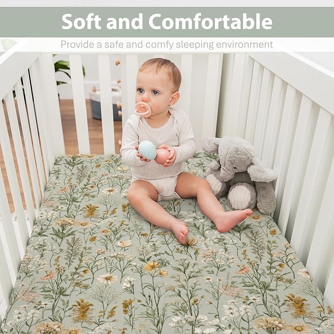 Vintage Wild Flowers Baby Crib Sheets for Boy Girl 52"x28" Retro Plant Soft Stretchy Fitted Crib Mattress Cover Spring Summer Baby Sheet for Standard Crib & Toddler Mattress Pad