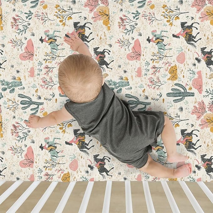 Western Cowgirl Cactus Baby Crib Sheets for Boy Girl 28"x52" Retro Cowgirl Horse Trees Leaves Soft Stretchy Fitted Crib Mattress Cover Wild West Baby Sheet for Standard Crib and Toddler Mattress