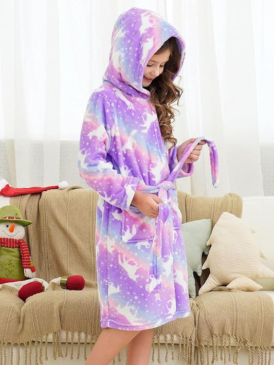 Doctor Unicorn Soft Hooded Rainbow Bathrobe Sleepwear for Girls