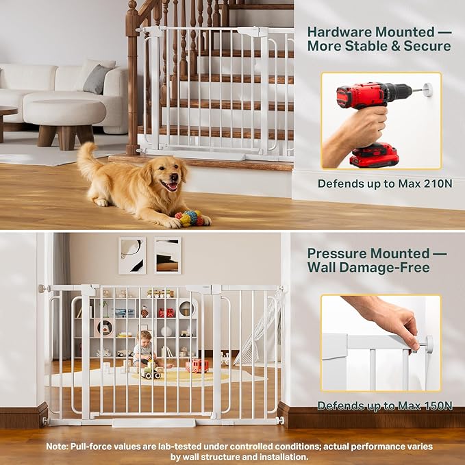 Cumbor 36.6-64" Extra Wide Baby Gate for Stairs, Dog Gates for Doorways, Auto-Close Pet Gate Indoor, Pressure Mounted Walk Through Safety Child Gate for Kids Toddler, Tall Pet Puppy Fence Gate, White
