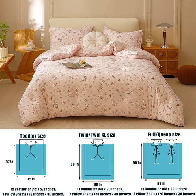 3PCS Comforter Twin Size Bed Set, Ultra Soft Marshmallow Fluffy Comforter Sets, Cute Bedding Set for Kids Girls Teen, Microfiber Lightweight All Seasons Bedroom (Pink Petals)