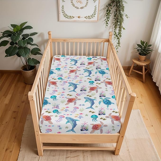 Fantasy Sea Animals Baby Crib Sheets for Boy Girl 28"x52" Turtle Whale Jellyfish Corals Soft Stretchy Fitted Crib Mattress Covers Nautical Marine Baby Sheet for Standard Crib & Toddler Bed Mattress