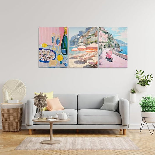 Framed Amalfi Coast Beach Wall Art Italian Beach Landscape Posters Pink Pastel Aesthetic Preppy Beachy Painting Prints Fruit Champagne Canvas Art Decor for Bar Girls Bedroom Dorm Apartment 16'' x 12''