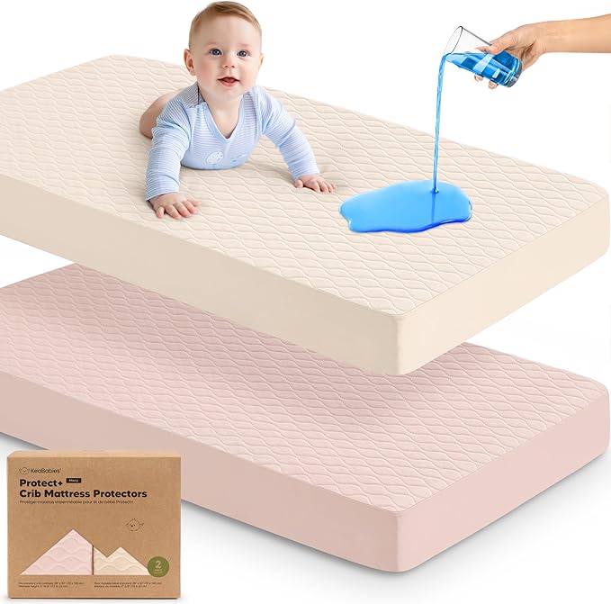 2-Pack Waterproof Crib Mattress Protector Cover Fitted - Quiet Baby Crib Mattress Pad Sheets, 52" x 28" Soft Quilted Cotton Baby Sheet, Machine Washable, Easy Fit, Durable (Cameo/Mavy)