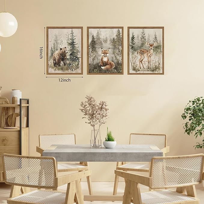 Framed Woodland Wall Art Nursery Decor Set of 3, Cute Wild Animals Bear Fox Deer Canvas Wall Art, Nature Watercolor Prints, Animal Pictures Wall Decor for Baby Room Kids Bedroom – 12x16 inch