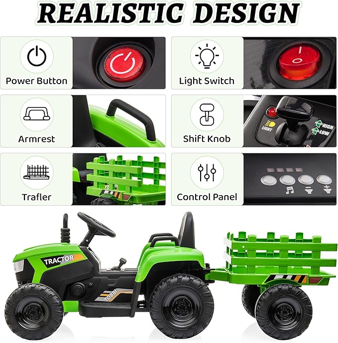 TOBBI Kids Electric Toy Tractor, 12V Battery-Powered Toddlers Ride On Car to Drive, Motorized Trailer Vehicle with 35W Dual Motor/6-Wheels/3-Speeds/LED & Horn Functions for Chirdren Aged 3-6-Green
