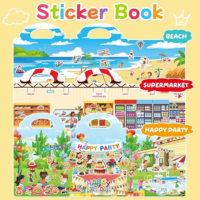 CREATIVETREES 3 Sets of Reusable Jelly Stickers Books - Perfect for 3-6 Year Olds Jelly Stickers Books - Airplane and Car Travel Toys Educational Gifts for Boys and Girls（Beach+Supermarket+Party）