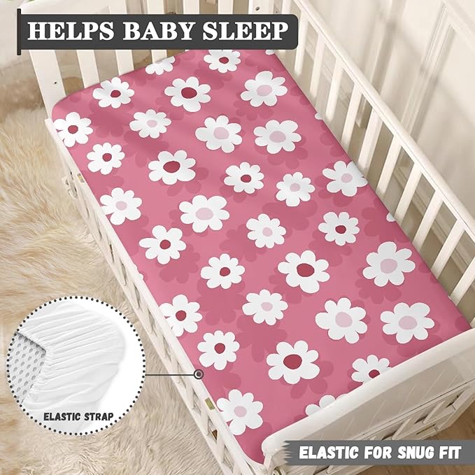 Pink Daisy Fitted Crib Sheet for Boys Girls Floral Traditional Folk Art Flower Baby Sheet for Standard Crib and Toddler Cute Nursery Bed Mattress Sheets 28"x52"