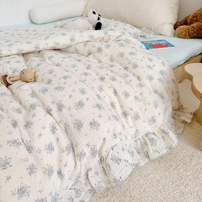 BuLuTu Muslin Cotton Kids Duvet Cover with Ruffles for Toddler Bed/Crib Comforter/Quilt Cover Shabby Chic Blue Freesia Print Toddler Duvet Cover Girls Boys, 47"x59", No Pillow Cases