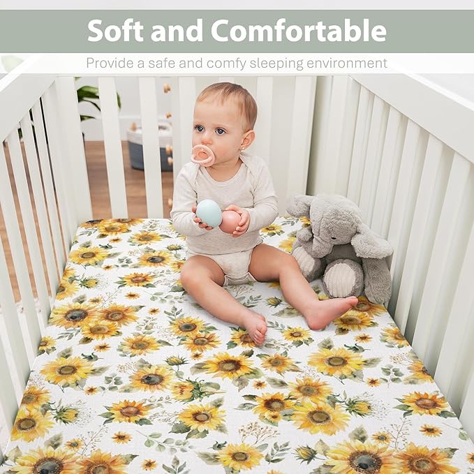 Yellow Sunflower Floral Baby Crib Sheets for Boy Girl 52"x28" Boho Sunflowers Leaves Soft Snug Fitted Crib Mattress Cover Summer Spring Garden Baby Sheet for Standard Crib and Toddler Bed Mattresses