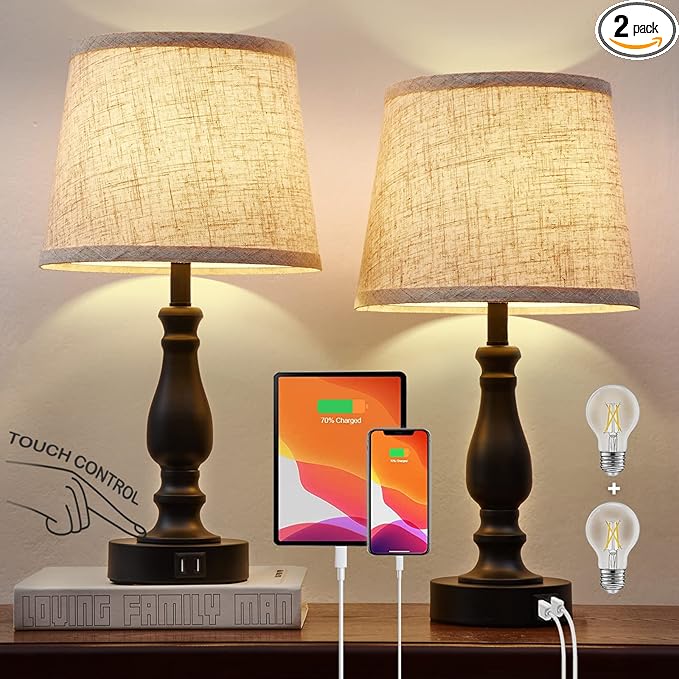 EJIAXIN Table Lamps Set of 2, Bedside Nightstand Lamps with USB Charging Ports,Dimmable Touch with Linen Fabric Lampshade, Modern Small Lamp for Bedrooms, Living Room (Bulbs Included)