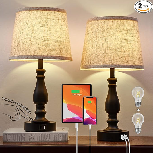 EJIAXIN Table Lamps Set of 2, Bedside Nightstand Lamps with USB Charging Ports,Dimmable Touch with Linen Fabric Lampshade, Modern Small Lamp for Bedrooms, Living Room (Bulbs Included)