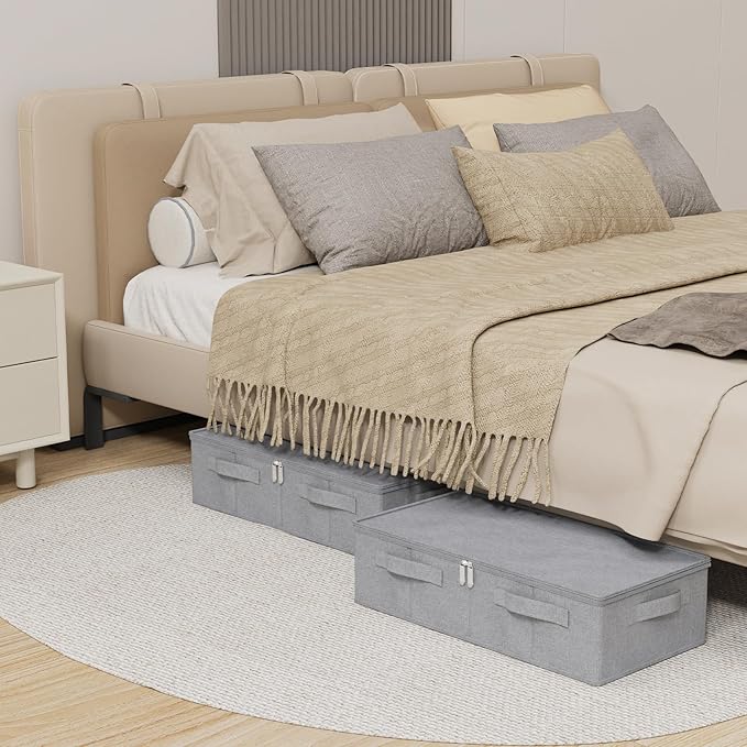 ENUMAIL Underbed Storage Box, Foldable Bed Sheet Organizer, Cube Bags Container with Lid for Organizing Clothes, Blankets, Comforter, 23.6x11.8x5.9in, Grey, 2 Pack