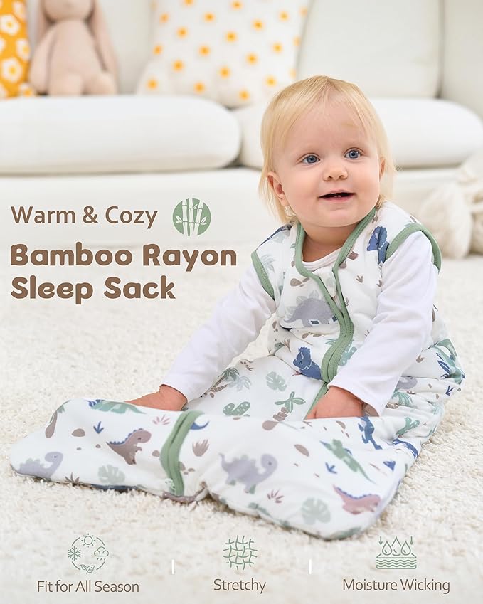 Rayon Made from Bamboo Baby Sleep Sack 0-6 Months, 1.0 Tog Baby Wearable Blanket, Soft Sleeping Bag for Newborn Infant Babies with 2-Way Zipper 2 Pack (Small) Green Dinosaur