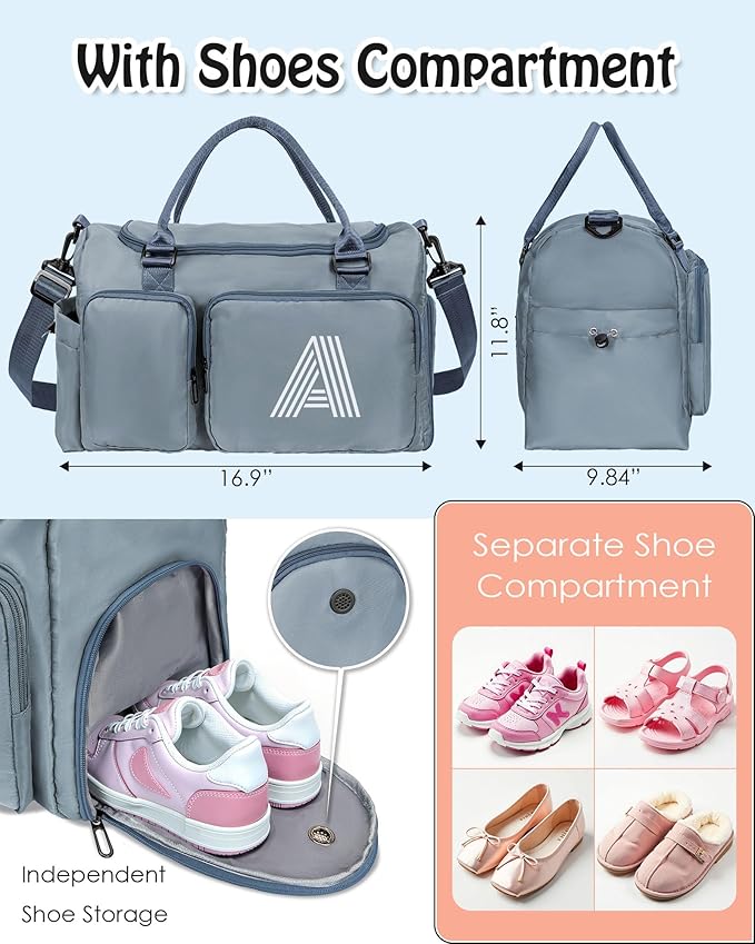 Elilier Girls Gifts for Kids, Initial Gym Bag for Girls, Travel Duffle Bag, Sports Bag, Personalized Weekender Overnight Bag