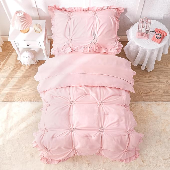 Wowelife Princess Toddler Bedding Set for Girls, Boho Toddler Bed Set, 4 Pieces Ruffles Jacquard Embroidery Toddler Girl Comforter with Comforter, Fitted Sheet, Flat Sheet and Pillowcase, Pink