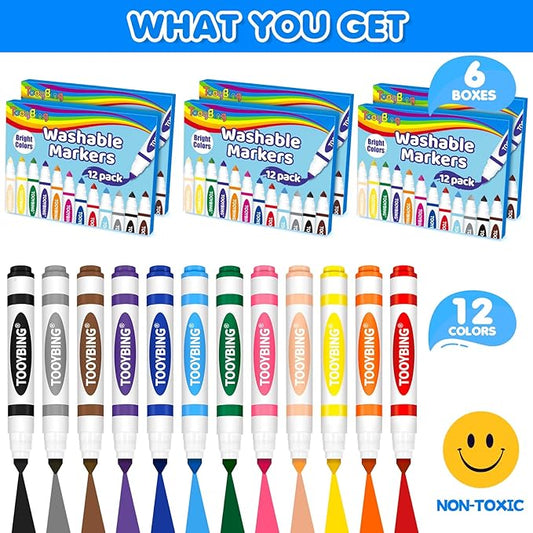 TooyBing Washable Markers Bulk (72 Count, 6 Box), 12 Assorted Colors, Washable Markers for Kids Classroom School, Broad Tip Durable for Back to Classroom Art School Supplies Essentials
