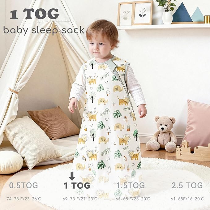 Baby Sleep Sack 18-24 Months 1.0 TOG, 100% Cotton Baby Wearable Blanket with 2-Way Zipper, Infant Toddler Sleeping Sack for Newborn Boys and Girls, Green & Lion