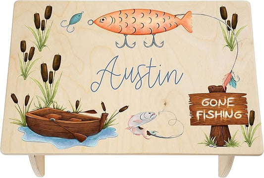 Fishing Step Stool for Toddlers- Personalized Wood Kids Step Stool with Name for Kitchen Sink, Bathroom, Potty Training, Toilet, Kitchen Sink- Sturdy and Safe- Made in USA by BloomOwl (Gone Fishing)