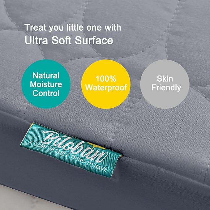 Biloban Crib Mattress Protector 2 Pack, Waterproof, Quilted, Grey & White, Absorbent, Ultra Soft, Noiseless, Durable