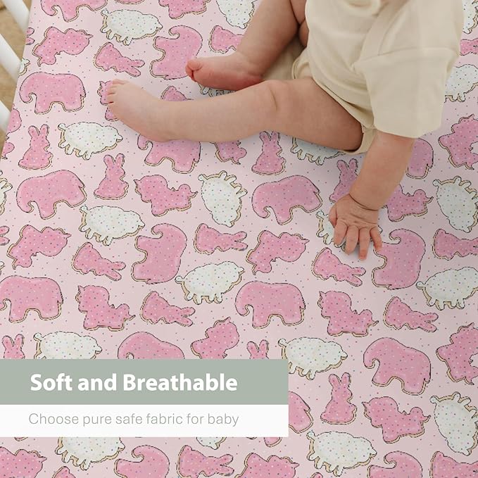 Pink Animal Cookie Baby Crib Sheets for Boy Girl 52"x28" Cute Frosted Animal Cookie Soft Snug Fitted Crib Mattress Cover Circus Animal Biscuits Baby Sheet for Standard Crib & Toddler Bed Mattress