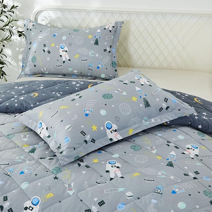Brandream Kids Space Bedding Set Queen Size Boy Girl 100% Cotton Space Rocket Galaxy Comforter Set 3-Piece