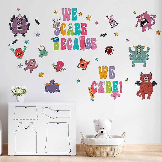 Monsters Wall Stickers for Kids, Monsters Wall Stickers for Children Room, We Scare Because We Care Stickers, Monsters Removable Stickers for Baby Nursery Bedroom Living Room Playroom Wall Decoration