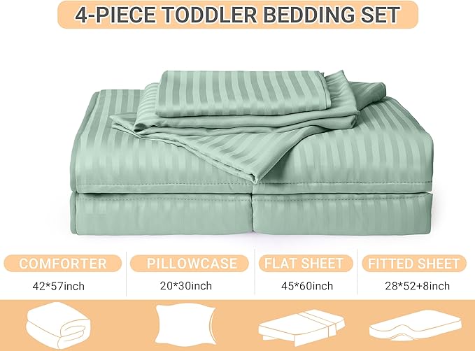ZPECC Toddler Bedding Set - 4 Piece Hypoallergenic Baby Crib Bedding Set for Boys and Girls, Includes Toddler Comforter, Flat Sheet, Fitted Sheet and Pillowcase, Green Stripe