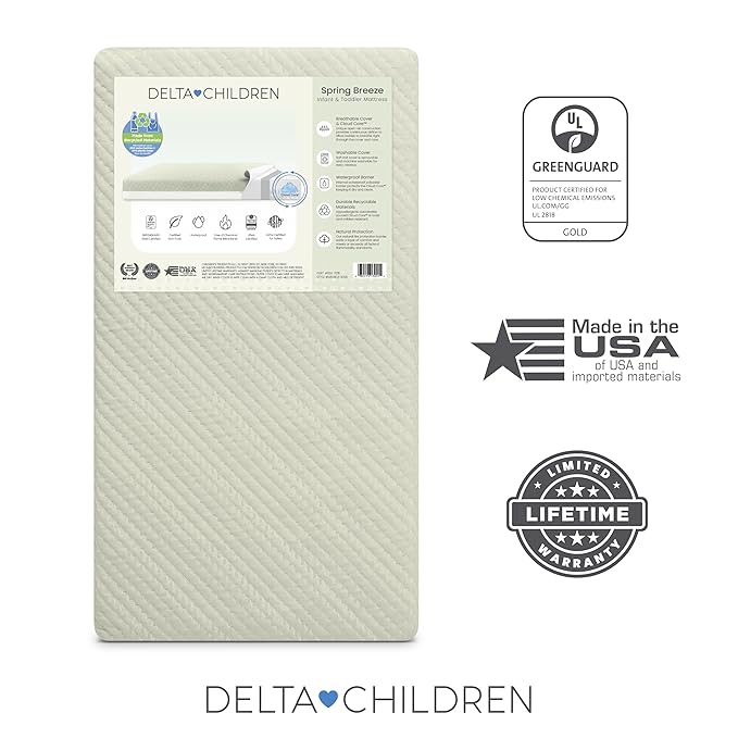 Delta Children Spring Breeze Mattress - Breathable Baby Crib & Toddler Mattress with Cloud Core - Machine Washable Cover - GREENGUARD Gold – Waterproof